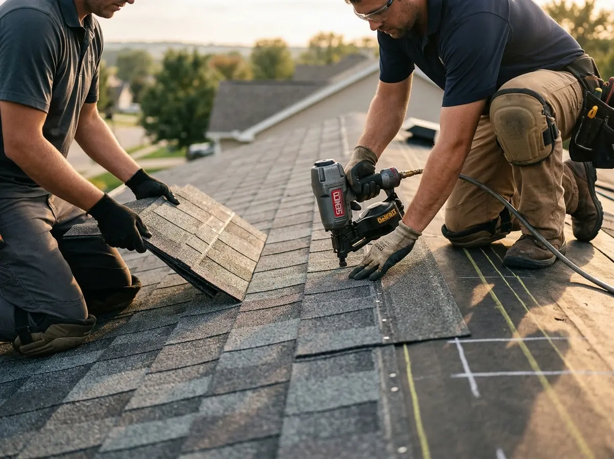 Professional roofer working on a residential roof in Frisco